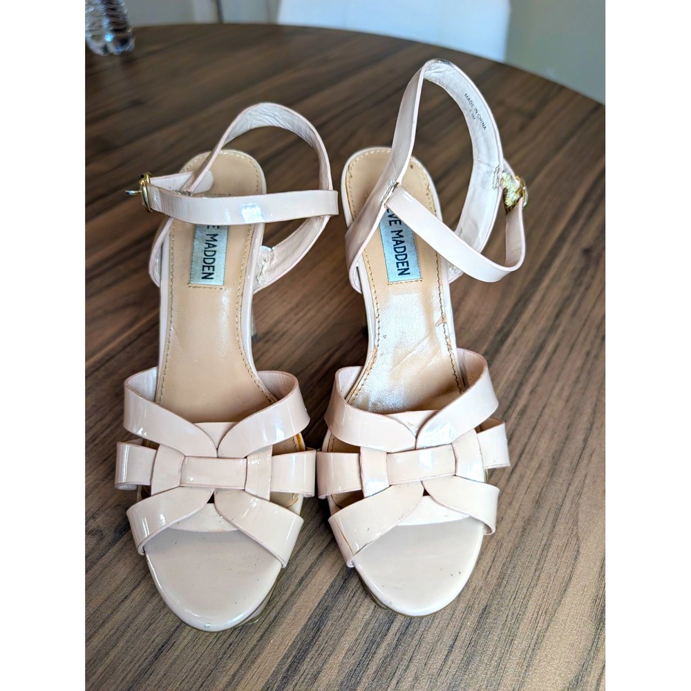 Steve Madden Women's 6.5M Nude Patent Bow Platform Stiletto Heels Sandals
